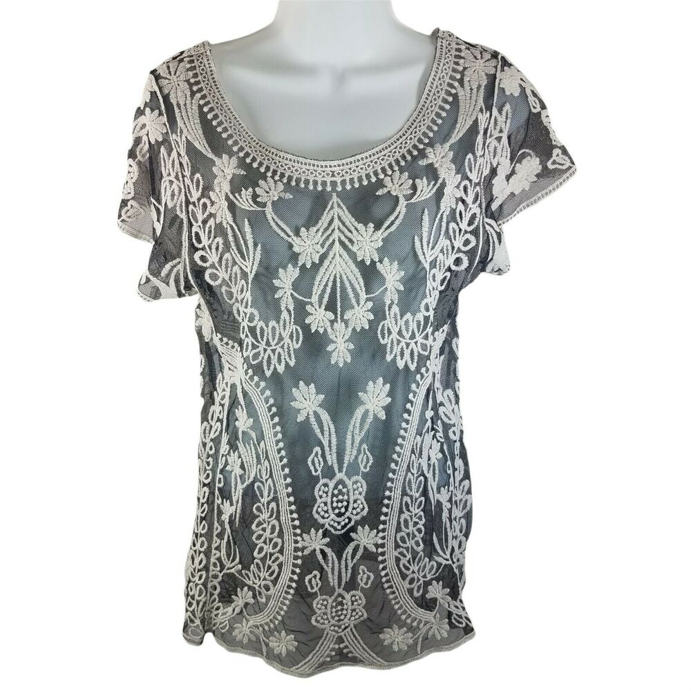 Dulcie Black Ivory Embroidered Mesh Top Sz M | Sheer Lace Boho Blouse